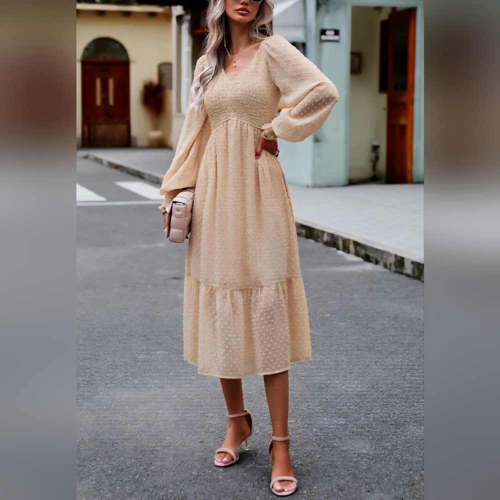 Ninexis Sheer Dot Puff Sleeve Midi Dress